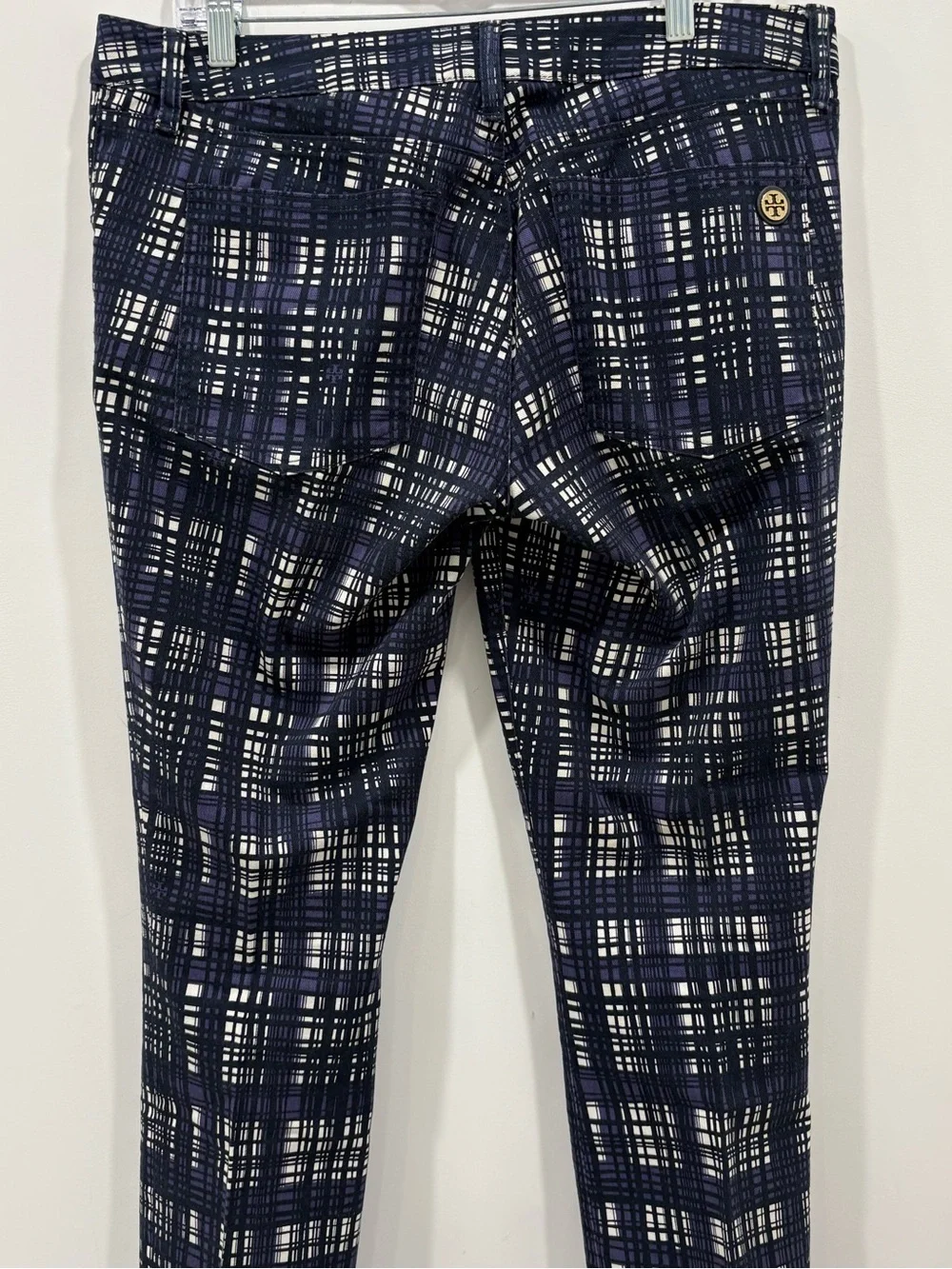 Tory Burch Conner Skinny Pants Women's Size 31 Navy Printed Plaid Stretch Preppy